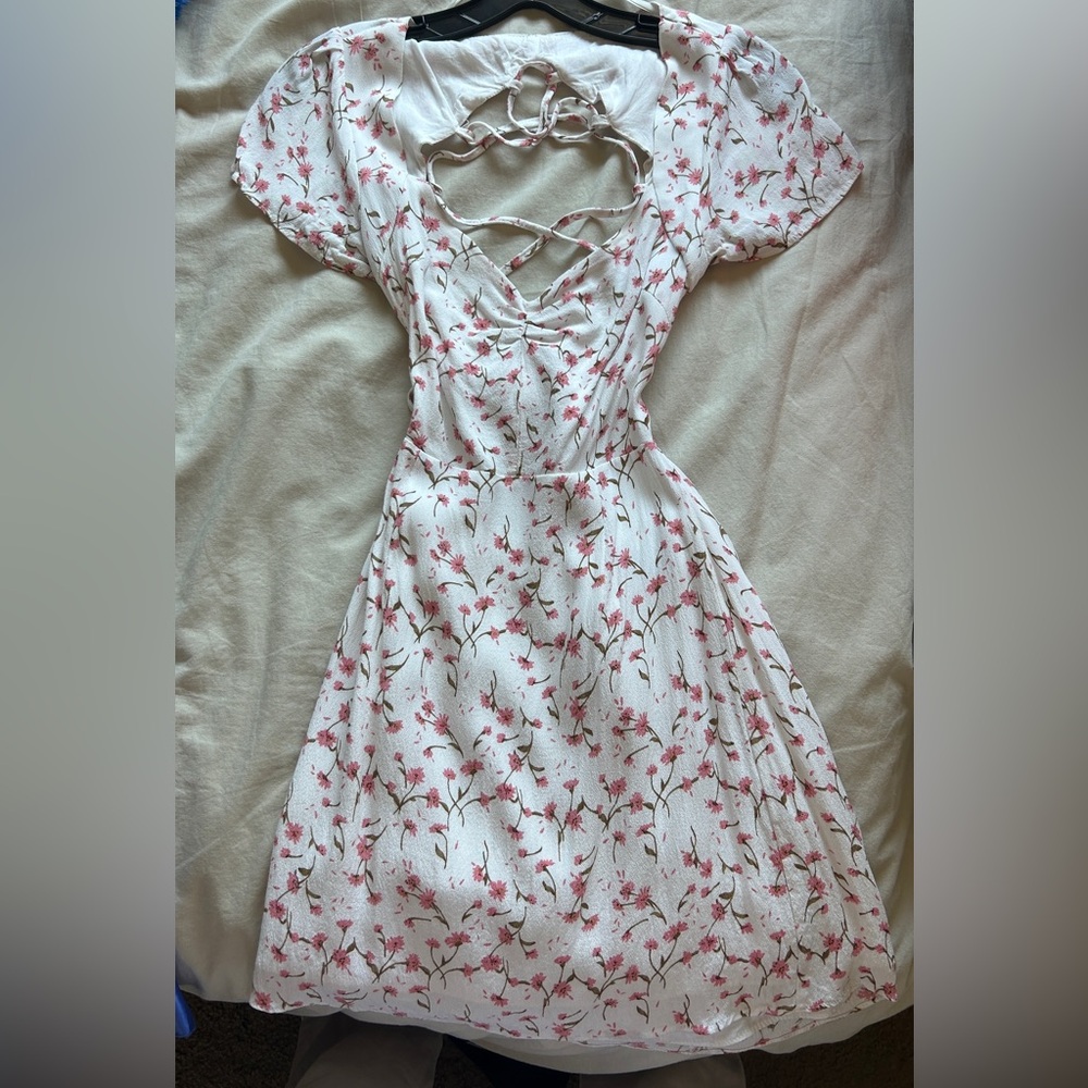 Water Lily Lace Up Open Back Mini Dress White Floral- Whitefox
